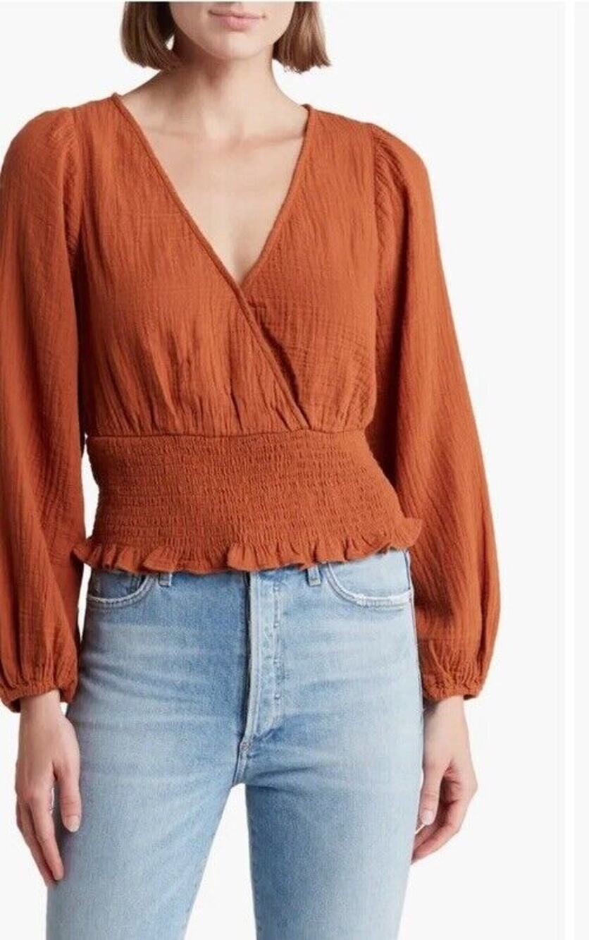 Madewell Women's Julianne Lightspun Smocked Waist Top Burnt Orange Medium NWOT